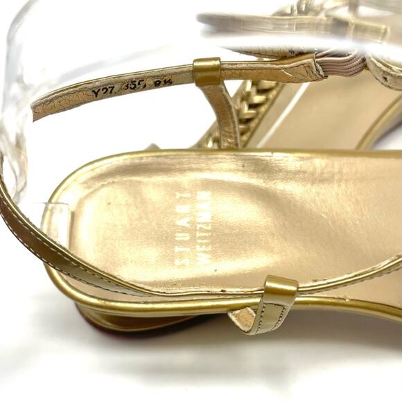 Stuart Weitzman Braided Metallic Gold Chain Low Wedge Strap Sandals Women's 9.5 - Picture 9 of 11